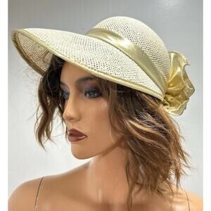 Ribbon Sonni Hat Natural Straw With Gold Bow Fabric cloche Style Sun Hat